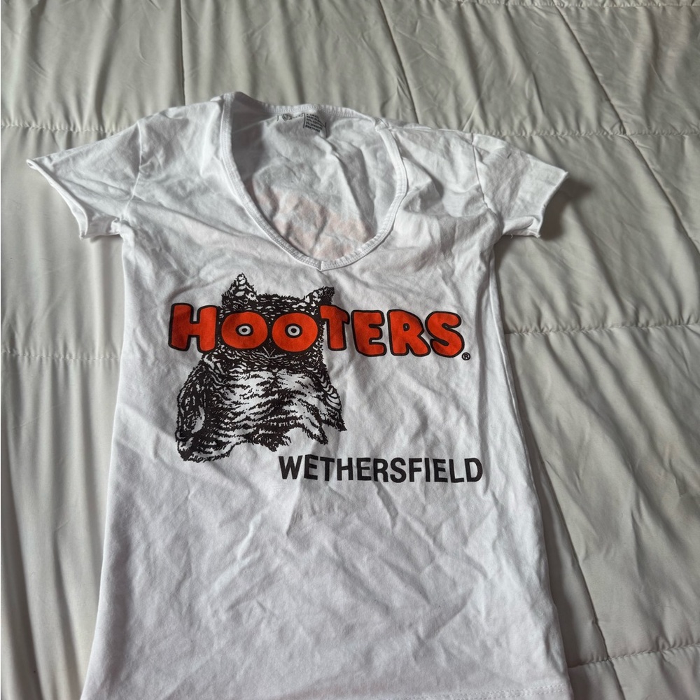 Hooters White Tee with Bold Orange Logo and Black Owl